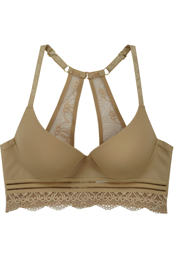 daisy- longline and full-coverage bra featuring striped mesh panels with triangular lace trim edging