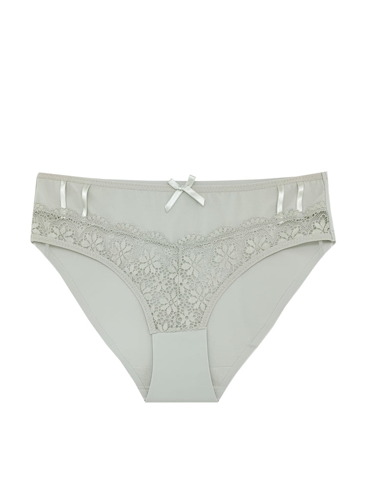 amelia bikini- panty with a solid back and combined lace and mesh front, featuring a dainty bow in the center and two small parallel satin strips on both sides