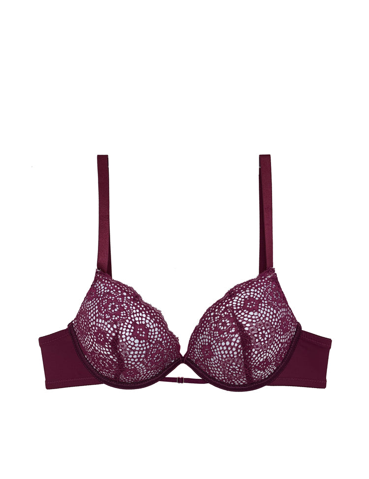 ella- full-coverage bra with stunning contrasting cup colors, providing style and support! Cups are double-layered, with a solid contrasting color beneath a delicate floral lace. to top it off, there's a thin-strapped design right below the area where the cups meet!