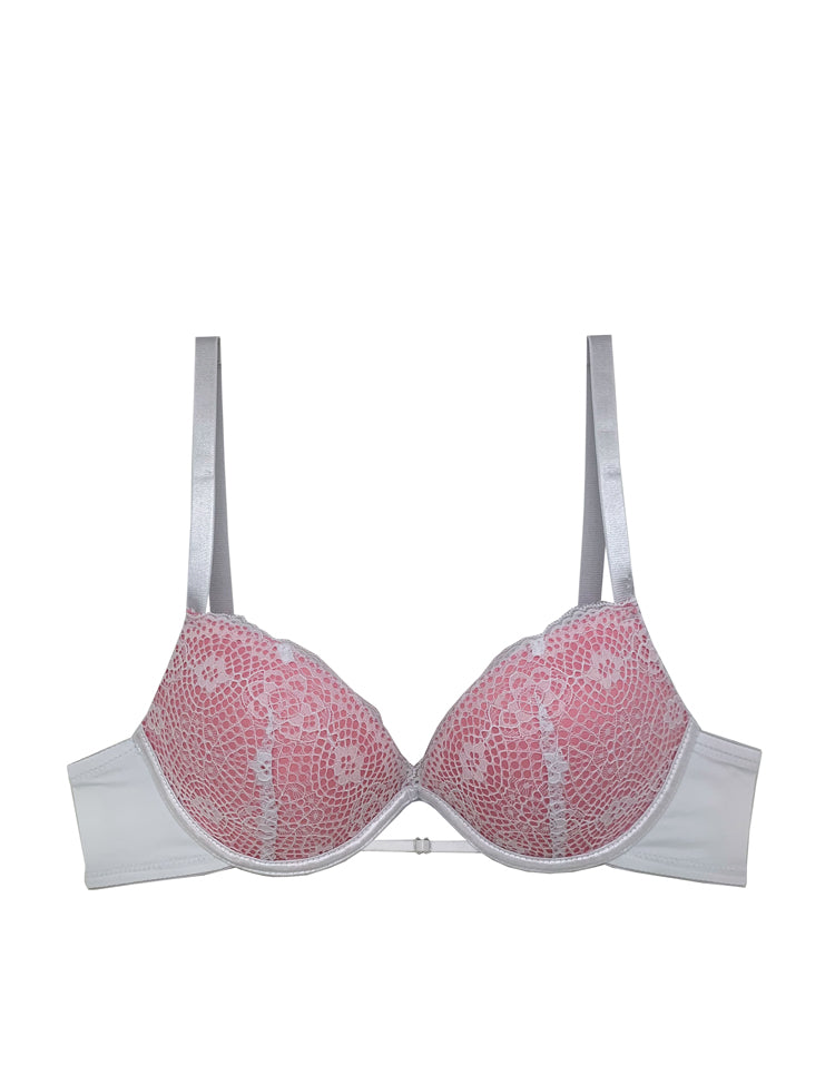 ella- full-coverage bra with stunning contrasting cup colors, providing style and support! Cups are double-layered, with a solid contrasting color beneath a delicate floral lace. to top it off, there's a thin-strapped design right below the area where the cups meet!