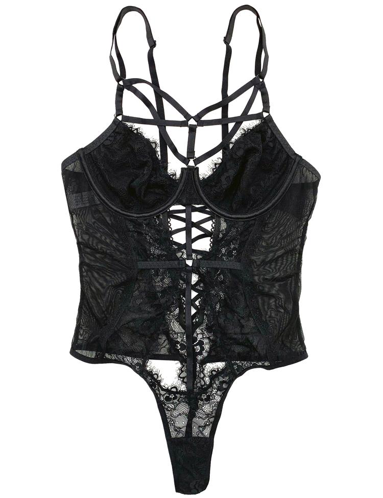 celeste- Unlined demi-cup sheer g-string bodysuit featuring a spider-caged design along the decolletage and a super sexy hourglass cutout in the front! Hook closure in the back