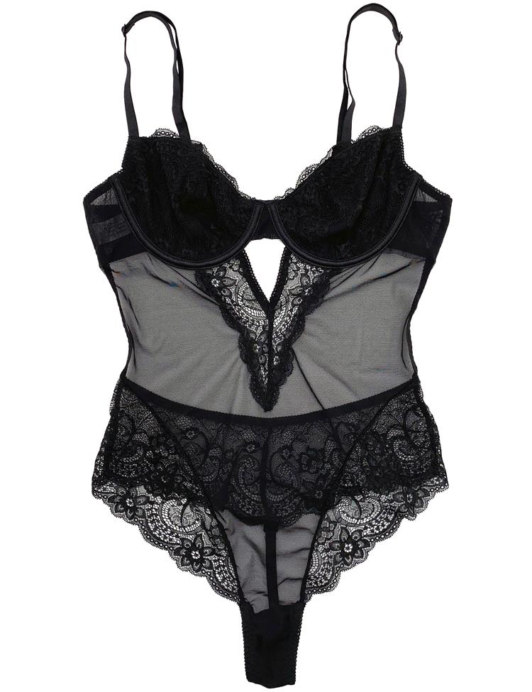 scarlett bodysuit (plus size)- Unlined demi-cup cheeky bottom bodysuit featuring mesh and floral lace, with a sexy v-shaped cutout in the front. Hook closure in the back.