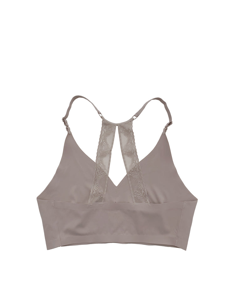 kendall- v-neck, full-coverage, pull-over seamless bralette, featuring two semi-parallel lace racerback panels in the back // straps and inserts:  seamless and wireless removable single pad