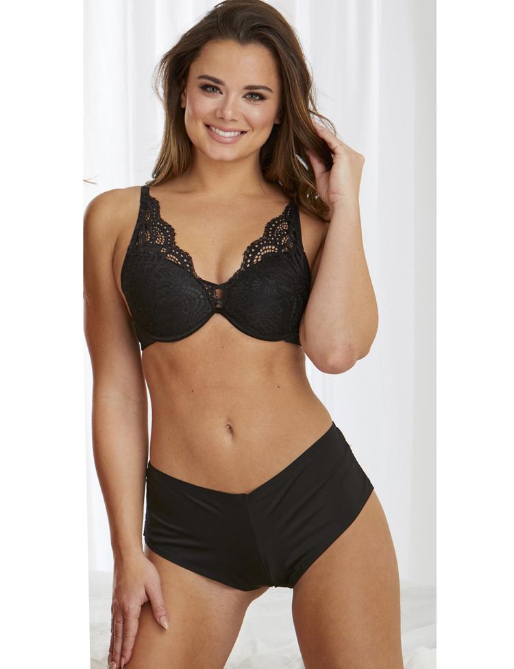 victoria- full-coverage plunge design, scallop-laced bra straps, with petite crisscrossing details between cups