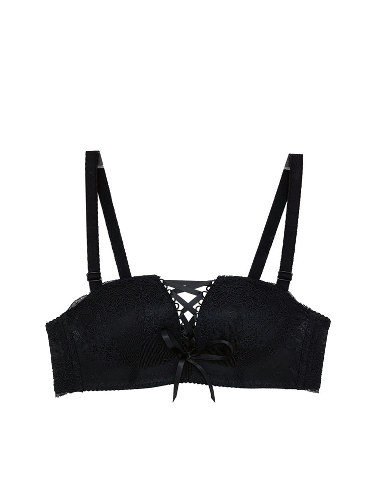 half-cup (optional strapless) all-over lace bra featuring thin lace straps between cups that can be tied by the center gore
 *runs small-- if unsure size up*
material and care:
<ul>
<li>hand wash recommended</li>
<li>use a mesh bag when opting for machine wash</li>
<li>imported nylon/spandex/lace</li>
</ul>