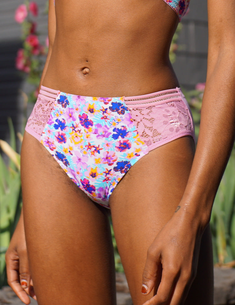 charlotte bikini- solid panty with mesh floral panels on hips