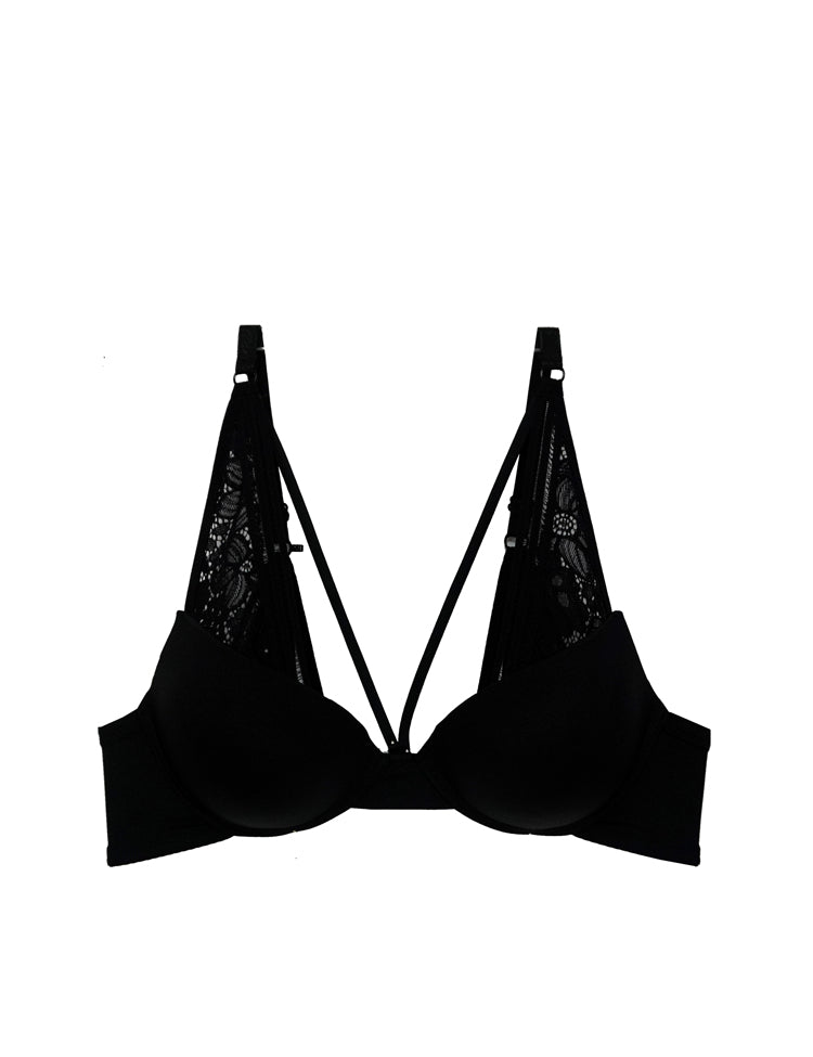 charlotte- demi bra with lace-paneled bra straps and thin plunging straps along decolletage