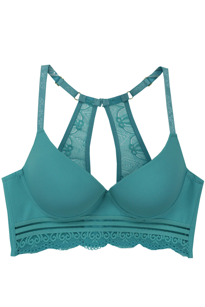 daisy- longline and full-coverage bra featuring striped mesh panels with triangular lace trim edging