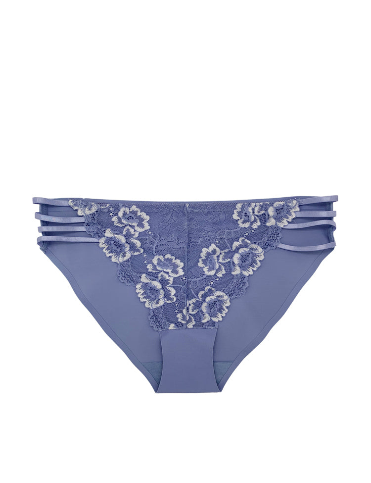 gia bikini- bikini with lace front featuring contrasting white floral designs, solid back, and four thin straps on the sides