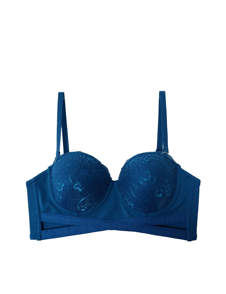 isabella- half-cup, option of strapless bra featuring floral lace cups and smooth wide bands that provide a criss-cross design below the cups; 4 hook closure
