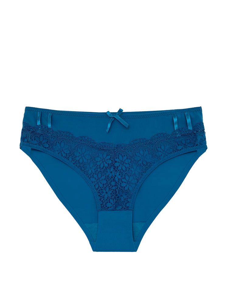 amelia bikini- panty with a solid back and combined lace and mesh front, featuring a dainty bow in the center and two small parallel satin strips on both sides