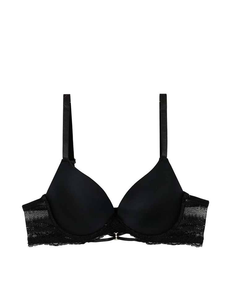 elise- t-shirt bra with solid cups and zig-zag lace bands, featuring a dainty design in the center gore