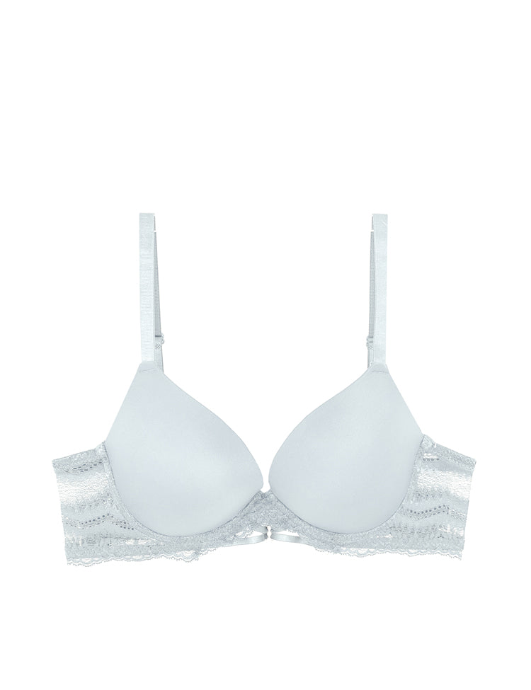 elise- t-shirt bra with solid cups and zig-zag lace bands, featuring a dainty design in the center gore