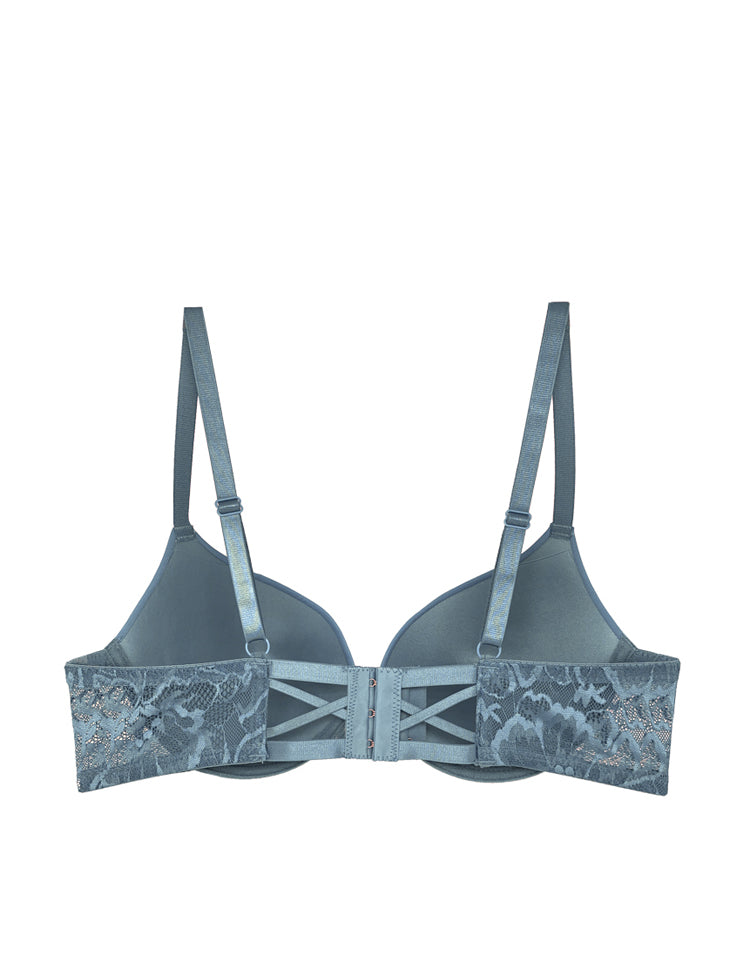 poppy- t-shirt bra featuring solid cups and floral lace bands, with a creative criss-crossed cage design by the back closure!