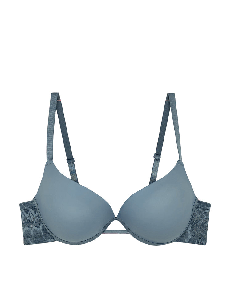 poppy- t-shirt bra featuring solid cups and floral lace bands, with a creative criss-crossed cage design by the back closure!
