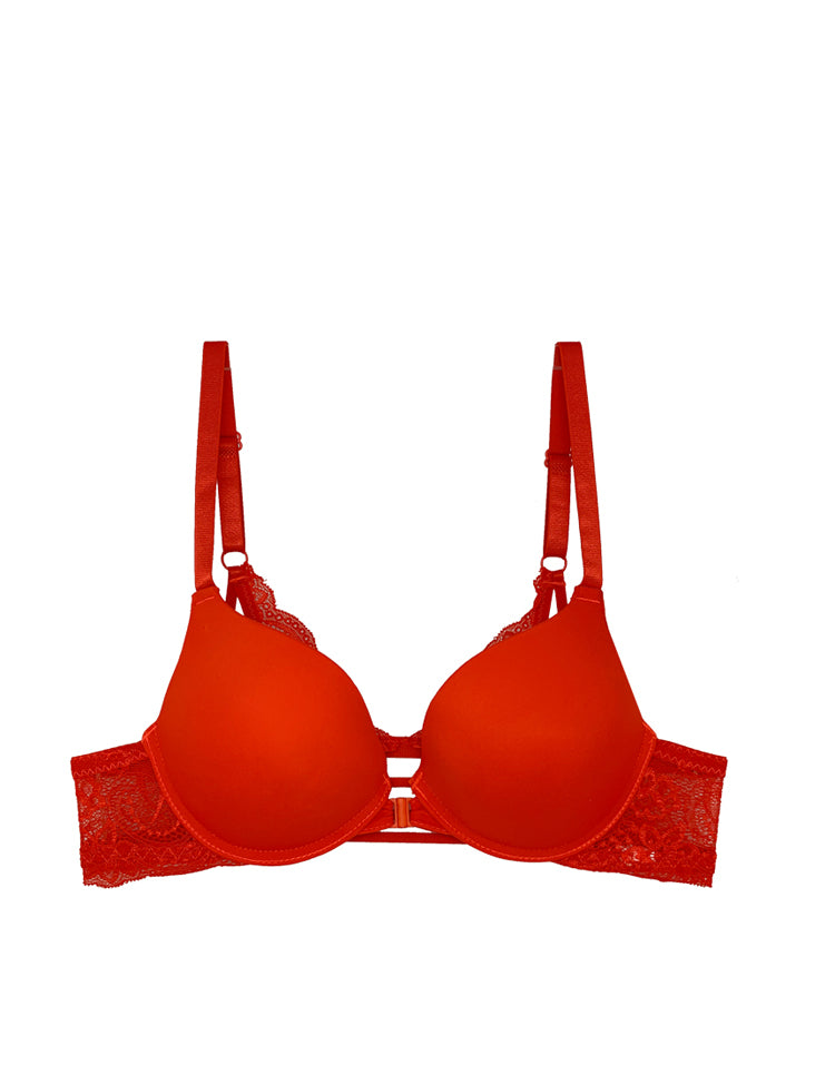 tish- full-coverage light push-up bra featuring a front-closure opening along with solid cups and floral lace bands. In the back are two delicate floral lace panels parallel to the thin bra straps