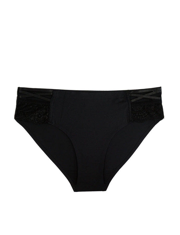 tish- solid panty featuring floral lace panels and thin criss-cross designs on the hips