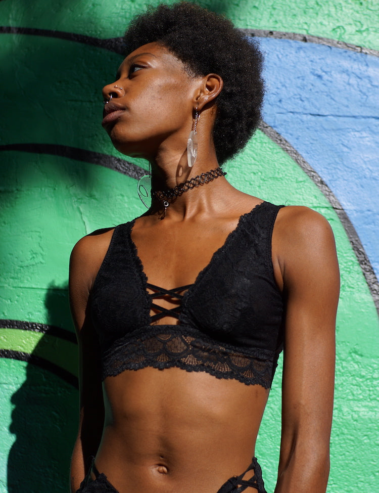 caroline- unlined and plunging bralette with double criss-cross thin straps in the front