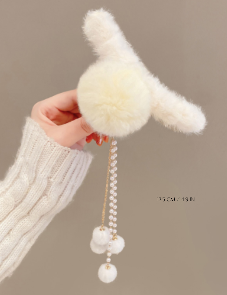 Ellie Fuzzy hair clip - Super soft and cute fuzzy hair clip featuring a fuzzy ball design and dangling beads of pearls