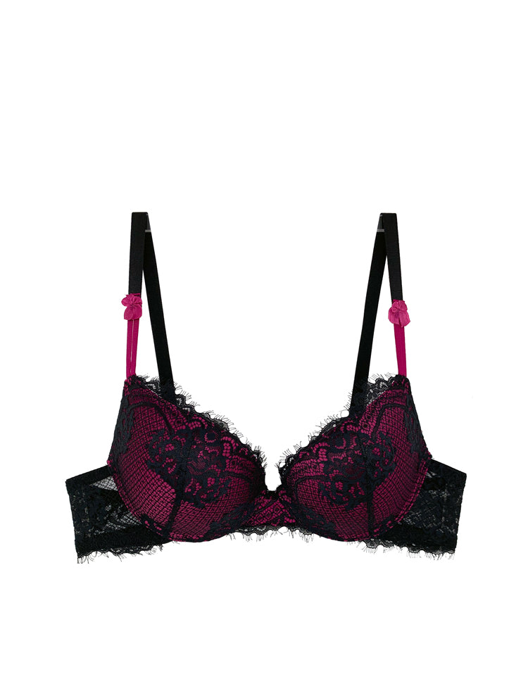 Valerie- All-around chantilly floral lace demi bra featuring contrasting colored cups and a dainty bow on each front strap!