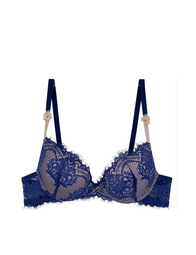 Valerie- All-around chantilly floral lace demi bra featuring contrasting colored cups and a dainty bow on each front strap!