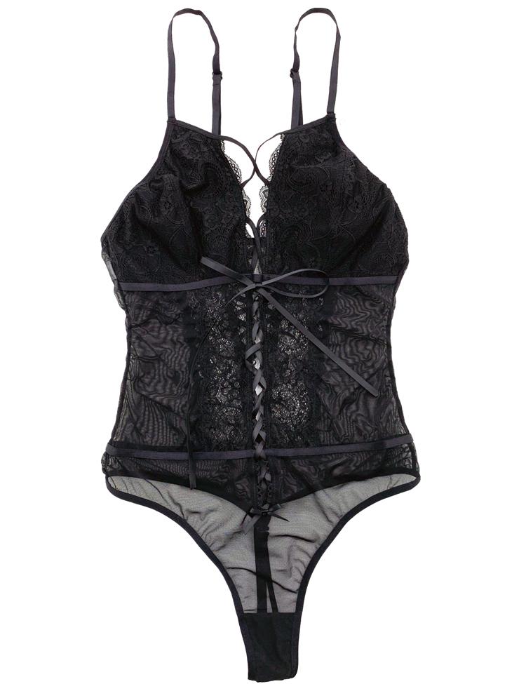 juliet- Sheer unlined g-string bodysuit featuring double mesh-panelled cups and adjustable coverage provided by thin ribbons that can be tied in the front and in the back! Hook closure in the back