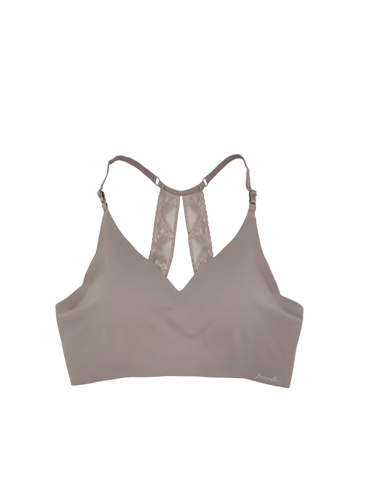 kendall- v-neck, full-coverage, pull-over seamless bralette, featuring two semi-parallel lace racerback panels in the back // straps and inserts:  seamless and wireless removable single pad