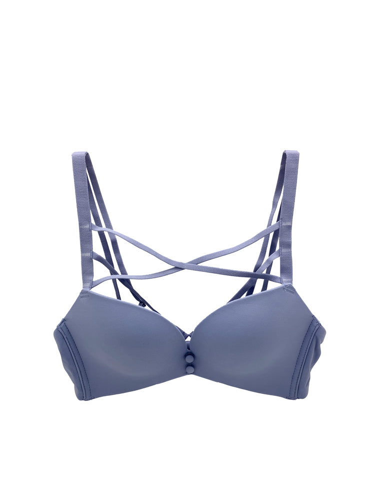 full-coverage push-up bra featuring beautiful fishbone decolletage design, dual-layered bands, and two decorative buttons along the center gore. Also completely wireless!