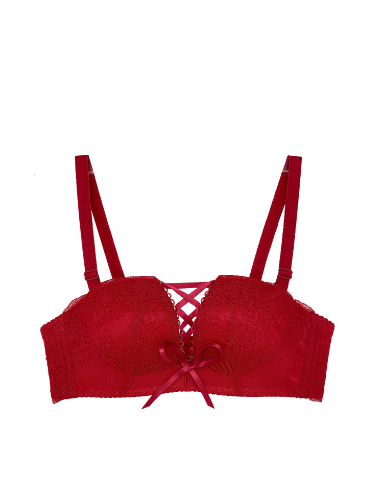 half-cup (optional strapless) all-over lace bra featuring thin lace straps between cups that can be tied by the center gore
 *runs small-- if unsure size up*
material and care:
<ul>
<li>hand wash recommended</li>
<li>use a mesh bag when opting for machine wash</li>
<li>imported nylon/spandex/lace</li>
</ul>