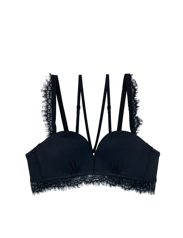 half-cup multiway bra with pleated design along the cups and added lace on straps and below the band for an elongated look -- completely wireless!
<ul>
<li>hand wash recommended</li>
<li>use a mesh bag when opting for machine wash</li>
<li>imported nylon/spandex</li>
</ul>